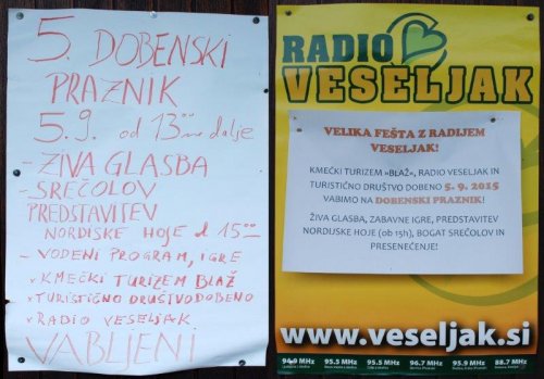 Plakata za 5. dobenski praznik na garažnih vratih Turistične kmetije BLAŽ